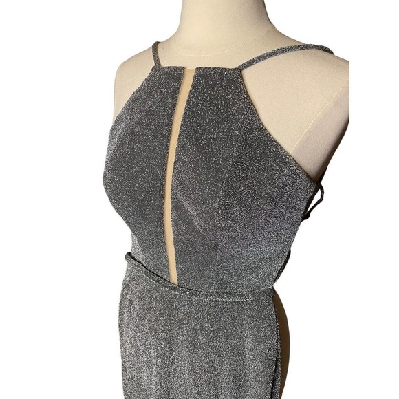La Femme Metallic Shimmery Formal Gown High Slit Low Back Silver 0 Sexy HoCo - Picture 2 of 7